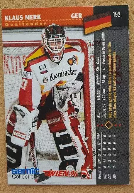 НХЛ Клаус Мерк Германия Вена 1996 № 192 1