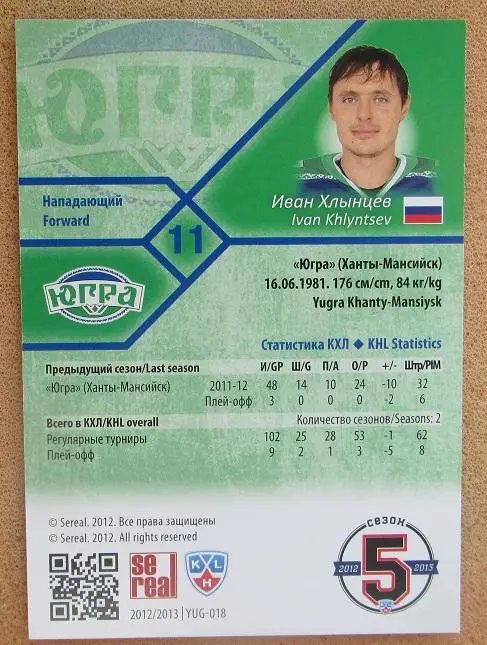 КХЛ Иван Хлынцев Югра Ханты-Мансийск № YUG-018 1