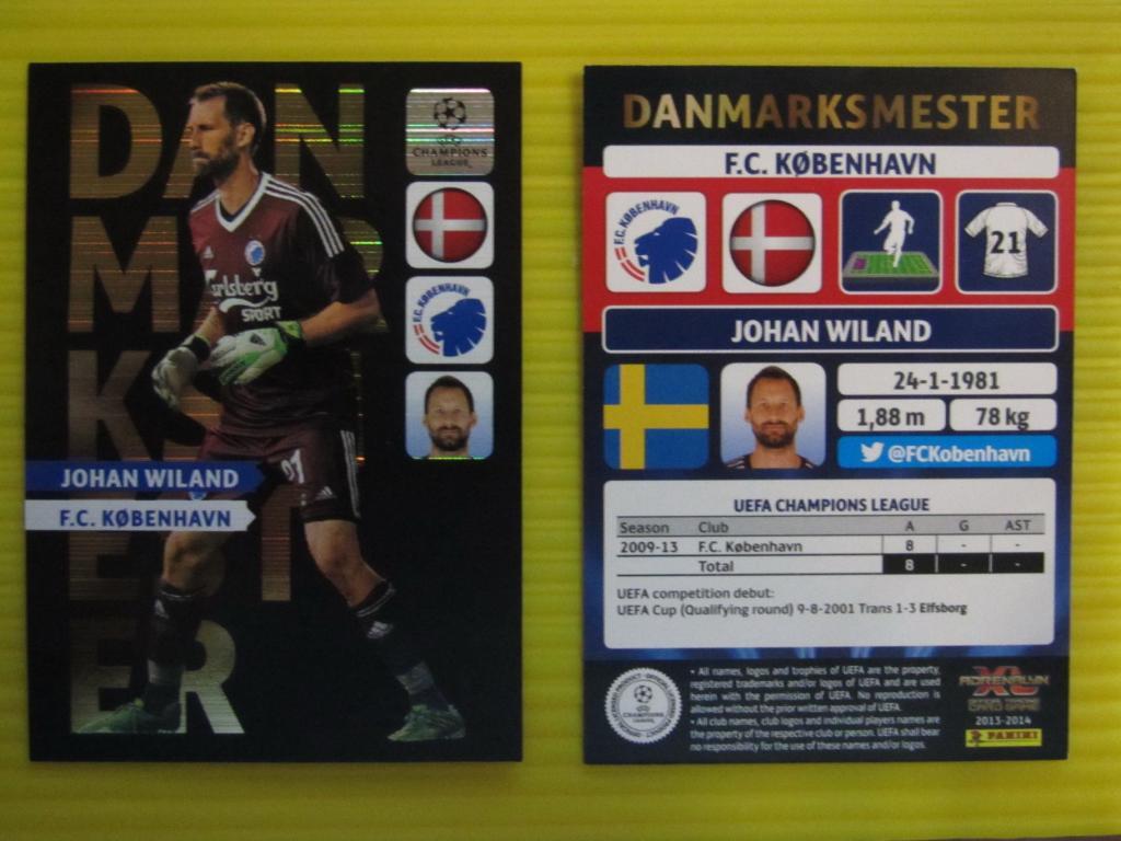 карточка Юхан Виланд Danske Mestre Лига Чемп. УЕФА 2013-2014. Adrenalyn XL