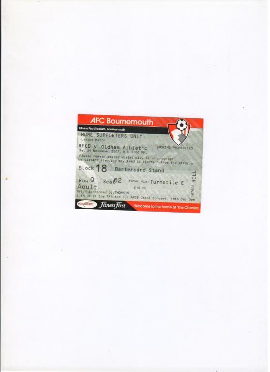 билет Борнмут - Олдхэм Атлетик 24.11.2007 Англия