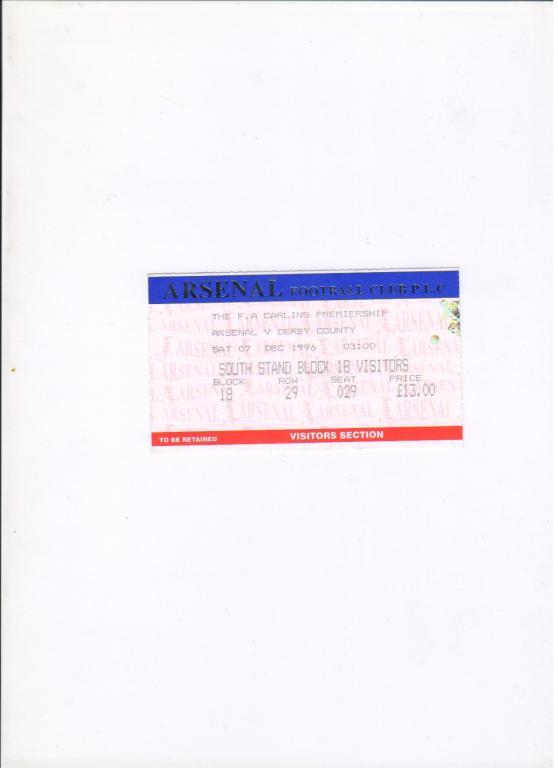 билет Арсенал Лондон - Дерби Каунти 07.12.1996 Англия