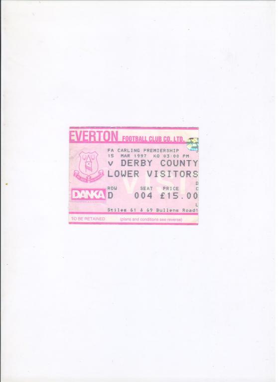билет Эвертон - Дерби Каунти 15.03.1997 Англия