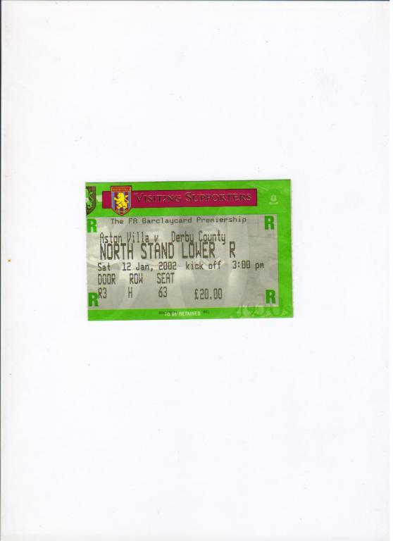билет Астон Вилла - Дерби Каунти 12.01.2002 Англия