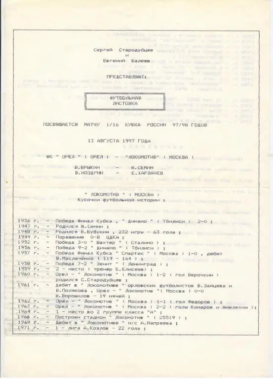 Орел - Локомотив Москва 13.08.1997 1/16 Кубка России
