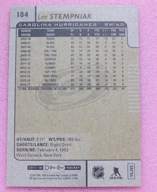 НХЛ Ли Стемпняк Каролина Харрикейнз № 184 1