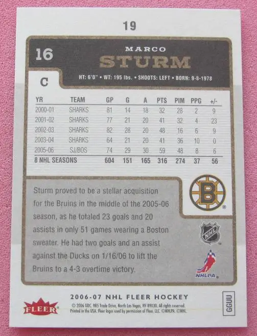 НХЛ Марко Штурм Бостон Брюинз № 19 1