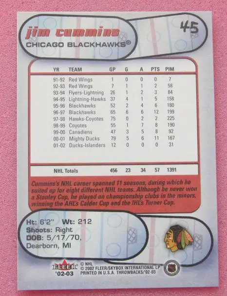 НХЛ Джим Камминс Чикаго Блэкхокс № 45 1