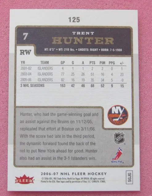 НХЛ Трент Хантер Нью-Йорк Айлендерс № 125 1