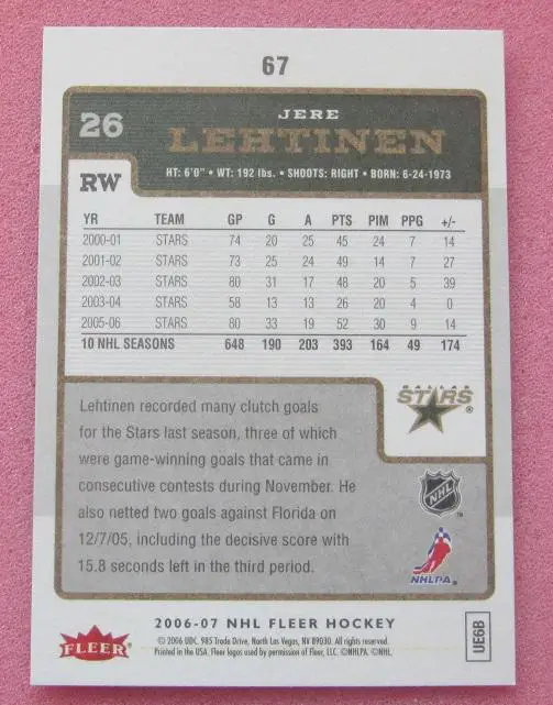 НХЛ Йере Лехтонен Даллас Старз № 67 1
