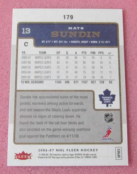 НХЛ Матс Сундин Торонто Мэйпл Лифс № 179 1