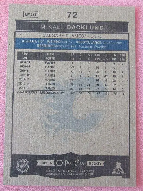 НХЛ Микаэл Баклунд Калгари Флеймз №72 1