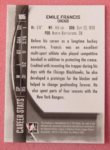 НХЛ Эмиль Френсис Чикаго Блэкхокс № 105 1