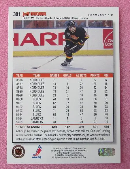 НХЛ Джефф Браун Ванкувер Кэнакс № 301 1