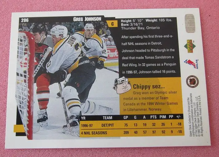 НХЛ Грег Джонсон Питтсбург Пингвинз № 206 1