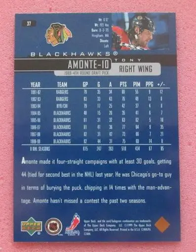 НХЛ Тони Амонте Чикаго Блэкхокс № 37 1