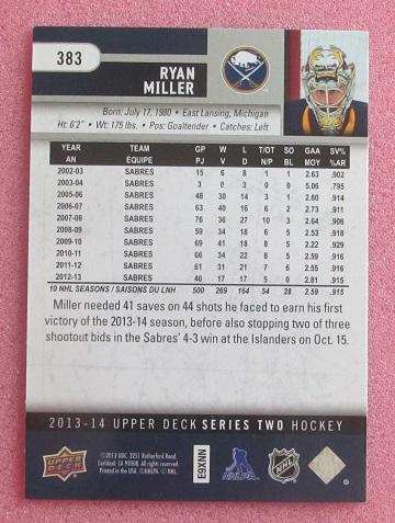 НХЛ Райан Миллер Баффало Сейбрз № 383 1