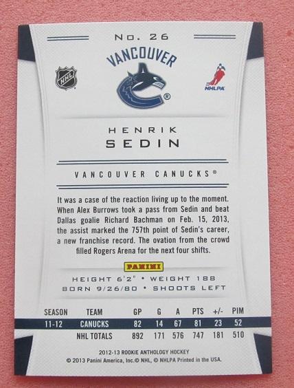 НХЛ Хенрик Седин Ванкувер Кэнакс № 26 1