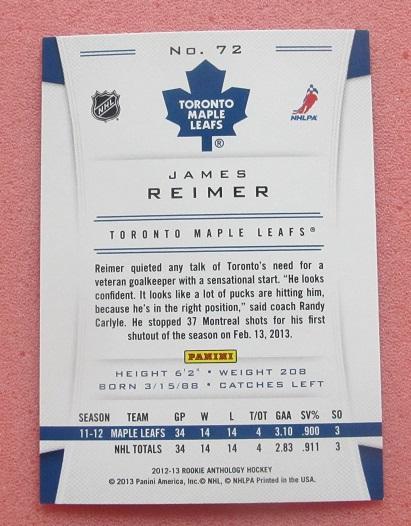 НХЛ Джеймс Раймер Торонто Мэйпл Лифс № 72 1