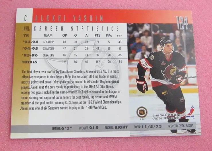 НХЛ Алексей Яшин Оттава Сенаторз Свердловск Динамо Москва ЦСКА Ярославль №124 1
