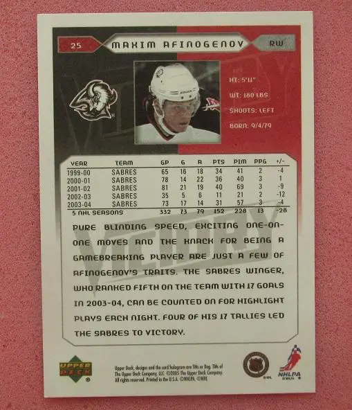 НХЛ Максим Афиногенов Баффало Сейбрз Динамо Москва СКА Витязь № 25 1