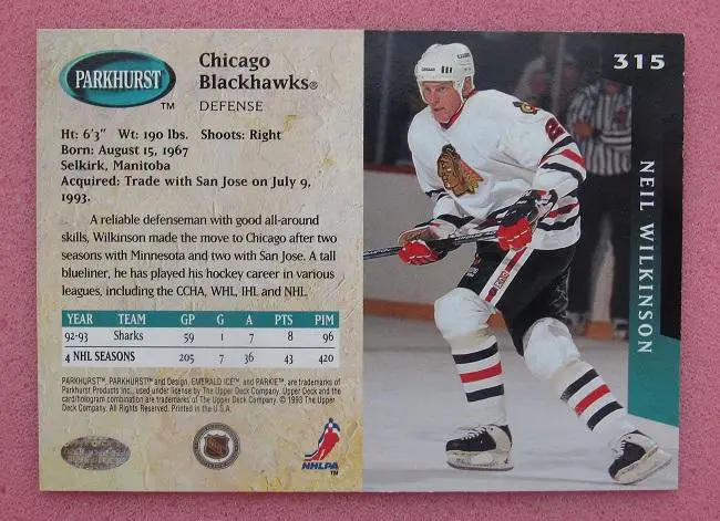 НХЛ Нейл Уилкинсон Чикаго Блэкхокс № 315 1