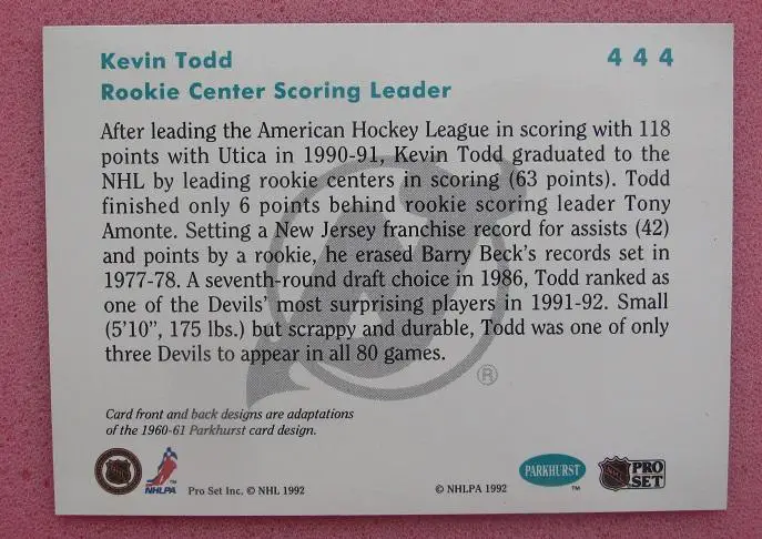 НХЛ Кевин Тодд Нью-Джерси Дэвилз № 444 1