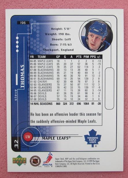 НХЛ Стив Томас Торонто Мэйпл Лифс № 196 1