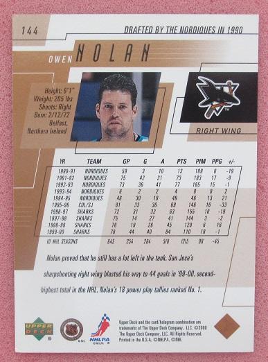 НХЛ Оуэн Нолан Сан-Хосе Шаркс № 144 1