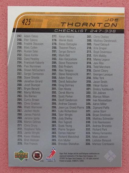 НХЛ Джо Торнтон Бостон Брюинз № 425 чек-лист 1