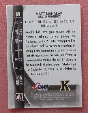 НХЛ Мэтт Махалак Кингстон Фронтенакс № 64 1