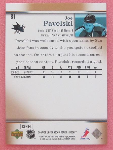 НХЛ Джо Павелски Сан-Хосе Шаркс № 81 1
