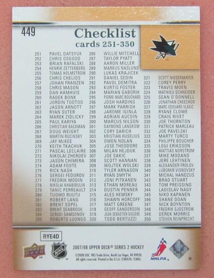 НХЛ Джо Торнтон Сан-Хосе Шаркс № 449 чек-лист 1