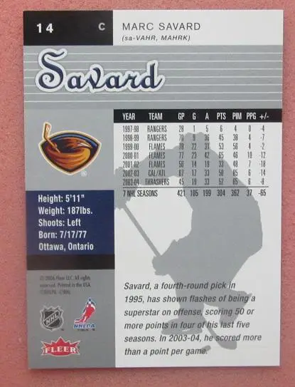 НХЛ Марк Савар Атланта Трэйшерз № 14 1