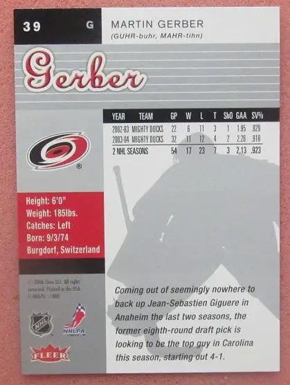 НХЛ Мартин Гербер Каролина Харрикейнз № 39 1