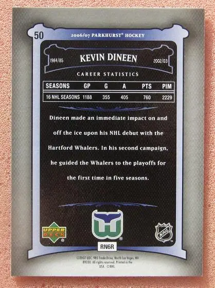 НХЛ Кевин Динин Хартфорд Уэйлерз № 50 1