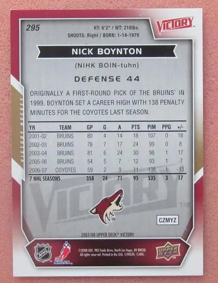 НХЛ Николас Бойнтон Финикс Койотис № 295 1