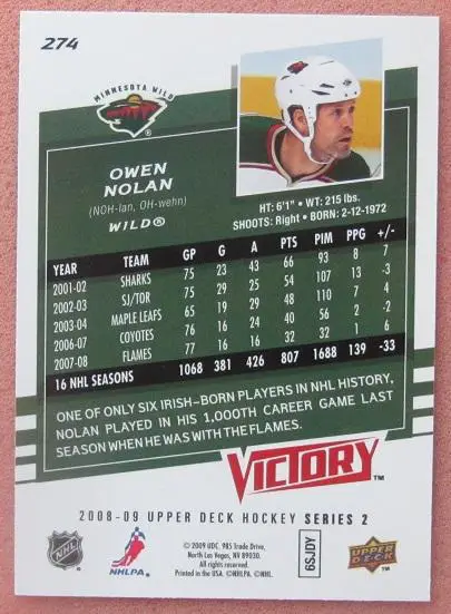 НХЛ Оуэн Нолан Миннесота Уайлд № 274 1