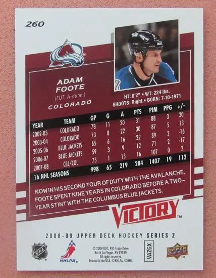 НХЛ Адам Фут Колорадо Эвеланш № 260 1