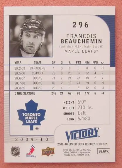 НХЛ Франсуа Бошемен Торонто Мэйпл Лифс № 296 1