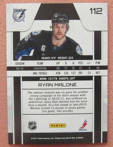 НХЛ Райан Мэлоун Тампа Бэй Лайтнинг № 112 1