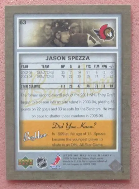 НХЛ Джейсон Спецца Оттава Сенаторз № 63 1