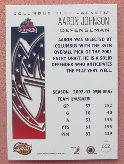 НХЛ Аарон Джонсон Коламбус Блю Джекетс № 552 1