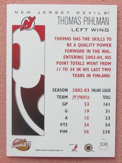 НХЛ Томас Пихлман Нью-Джерси Дэвилз № 538 1