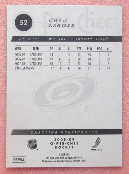 НХЛ Чед Лароз Каролина Харрикейнз № 52 1
