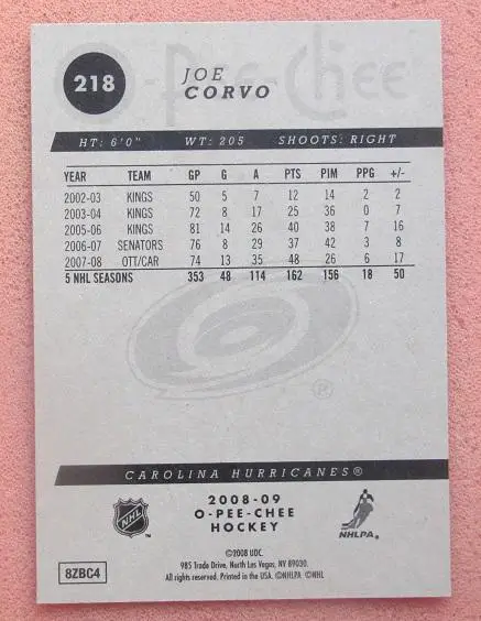 НХЛ Джо Корво Каролина Харрикейнз № 218 1