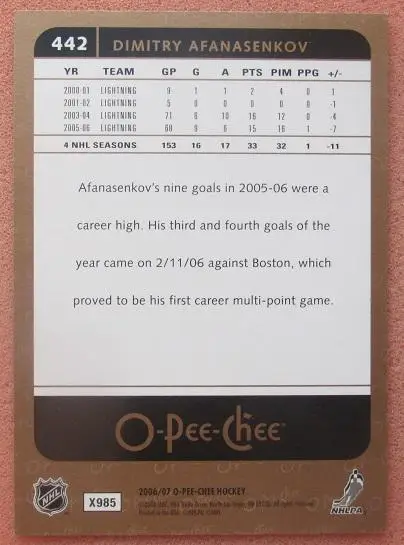 НХЛ Дмитрий Афанасенков Тампа Бэй Лайтнинг Ярославль Тольятти Динамо Москва №442 1