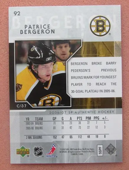 НХЛ Патрис Бержерон Бостон Брюинз № 92 1