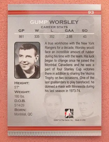 НХЛ Лорн Уорсли Миннесота Нью-Йорк Монреаль № 93 1