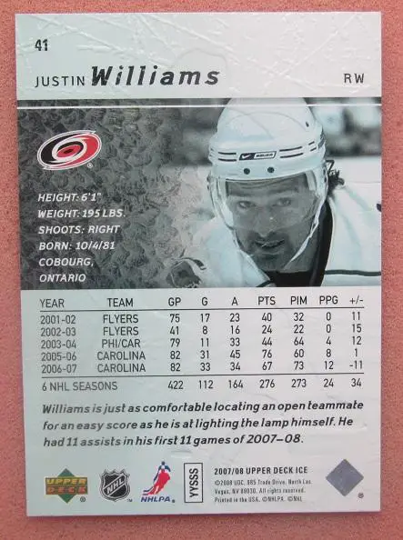 НХЛ Джастин Уильямс Каролина Харрикейнз № 41 1