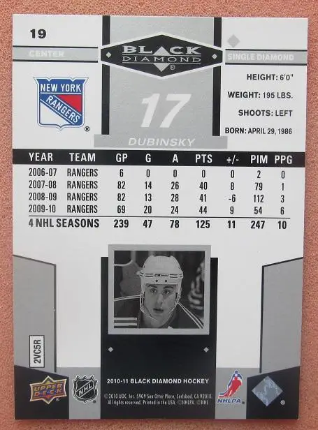 НХЛ Брендон Дубински Нью-Йорк Рейнджерс № 19 1